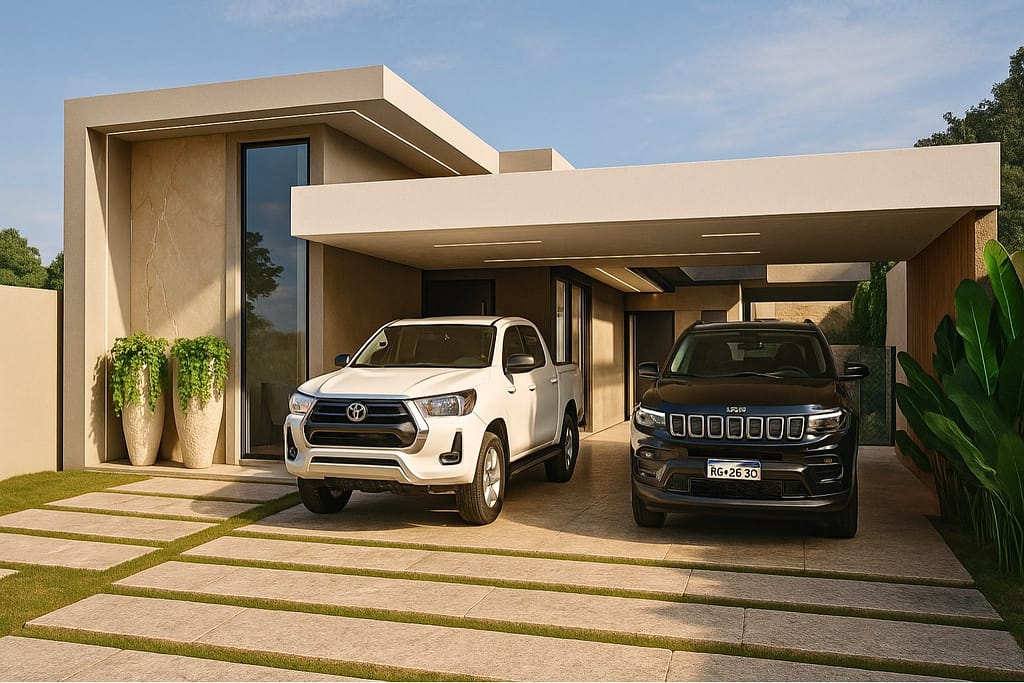 Fachada moderna com porcelanato e placas cimentícias em residência térrea projetada pela HL Arquitetura e Construção.