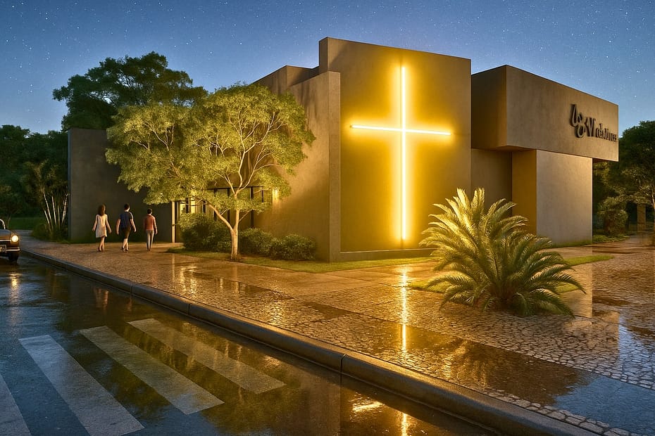 Fachada de igreja moderna com cruz iluminada à noite e fiéis se aproximando